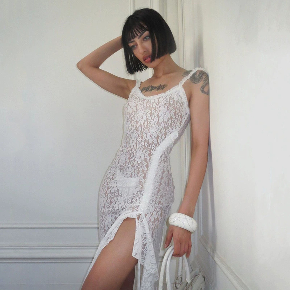 ZARA Sexy Spaghetti Strap Off Shoulder Lace Sheer Shirred Dress
